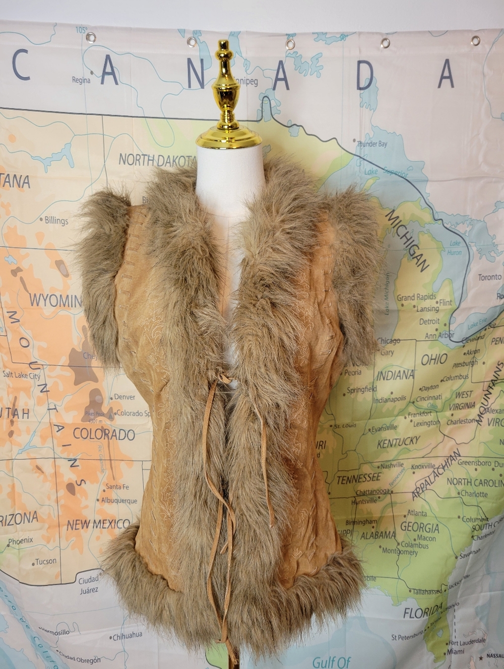 Vintage River Island Faux Fur Trim Suede Vest - Camel Size 10
